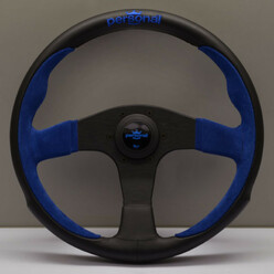 Personal Pole Position Steering Wheel - 330 mm - Black Leather & Blue Suede, Black Spokes, Blue Logo