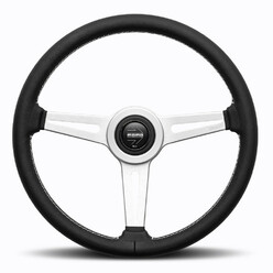 Momo Retro Steering Wheel (40 mm Dish), Black Leather, Aluminium Spokes - 36 cm