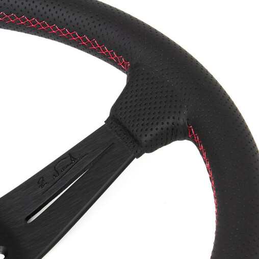 Nardi Deep Corn Steering Wheel, Black Perforated Leather, Black Spokes, Red Stitching, 75 mm Dish, Ø35 cm