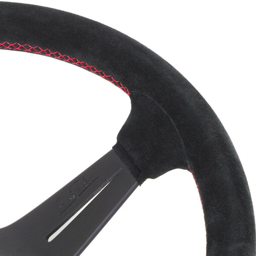 Nardi Deep Corn Steering Wheel, Suede, Black Spokes, Red Stitching, 75 mm Dish, Ø35 cm