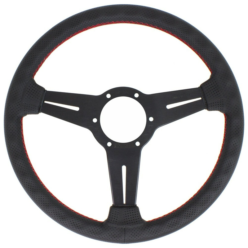 Nardi Classic ND33 Steering Wheel, Black Perforated Leather, Black Spokes, Red Stitching, 25 mm Dish