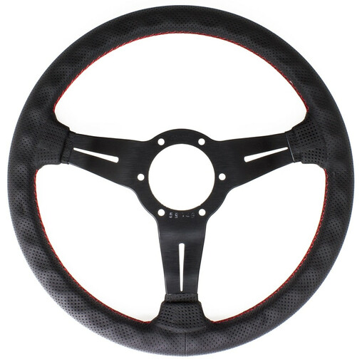 Nardi Deep Corn Steering Wheel, Black Perforated Leather, Black Spokes, Red Stitching, 50 mm Dish, Ø33 cm
