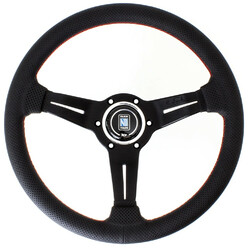 Nardi Deep Corn Steering Wheel, Black Perforated Leather, Black Spokes, Red Stitching, 50 mm Dish, Ø33 cm