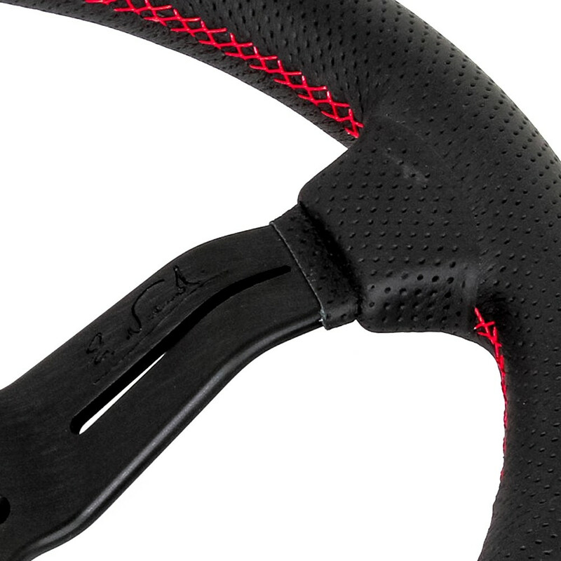 Nardi Deep Corn Steering Wheel, Black Perforated Leather, Black Spokes, Red Stitching, 50 mm Dish, Ø33 cm