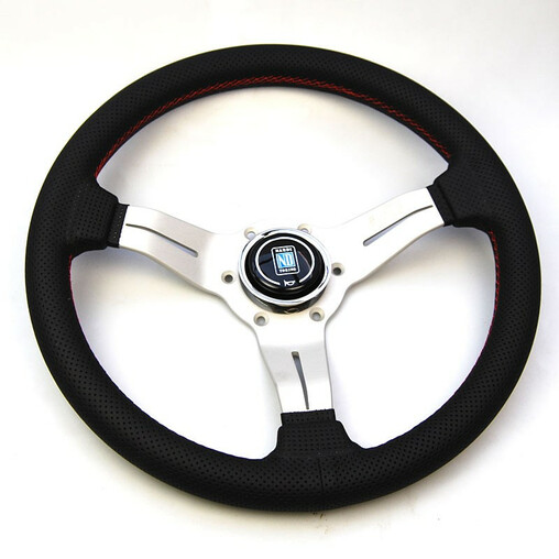 Nardi Deep Corn Steering Wheel, Black Perforated Leather, Satin Spokes, Red Stitching, 50 mm Dish, Ø33 cm