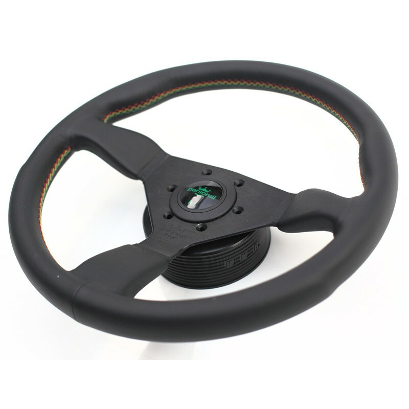 Personal Grinta Steering Wheel - Kingston Edition 330 mm -  Black Leather, Black Spokes, Rasta Stitching