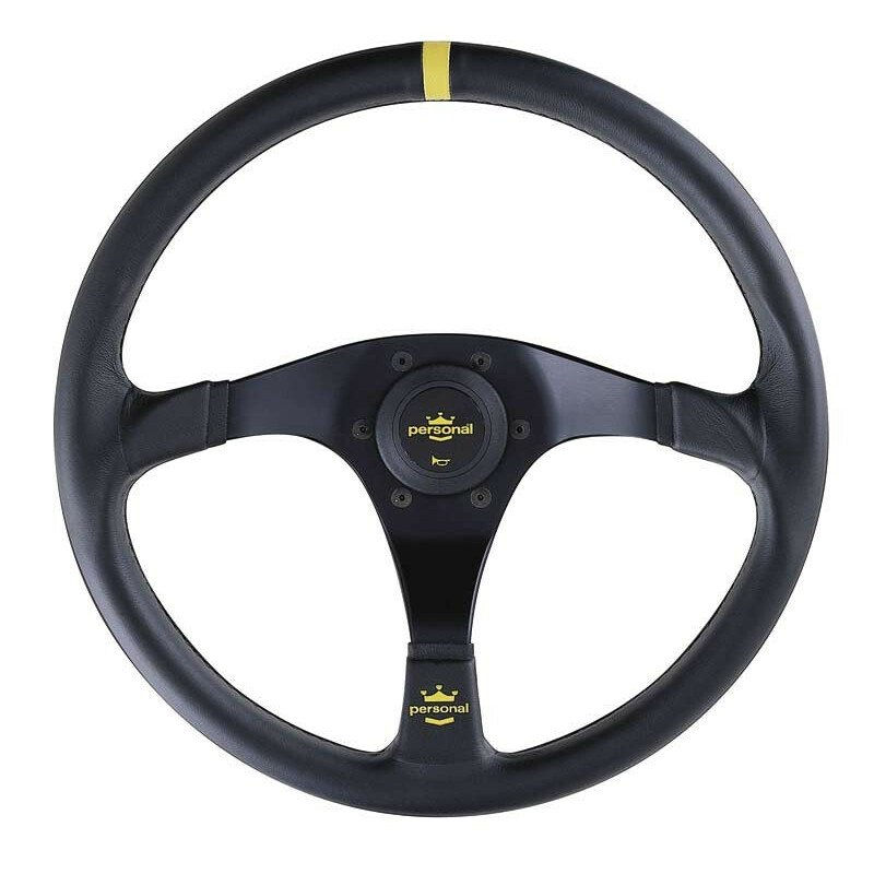 Personal Trophy Steering Wheel - 350 mm -  Black Leather, Black Spokes, Yellow Stitching