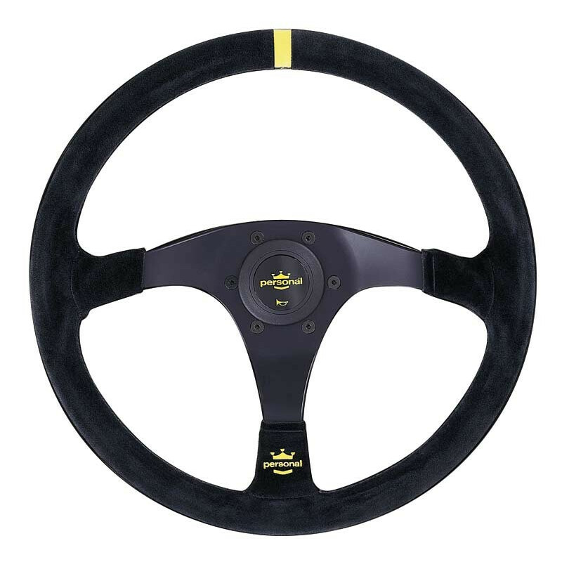 Personal Trophy Steering Wheel - 350 mm -  Black Suede, Black Spokes, Yellow Stitching