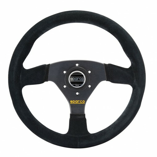 Sparco R383 Steering Wheel (39 mm Dish), Black Suede, Black Spokes