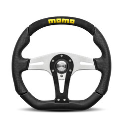 Momo Trek Steering Wheel (38 mm Dish), Black Leather, Aluminium Spokes - 35 cm