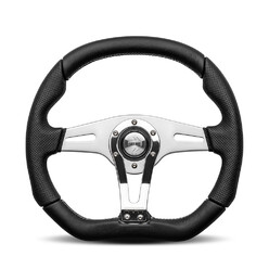 Momo Trek R Steering Wheel (38 mm Dish), Black Leather, Aluminium Spokes - 35 cm
