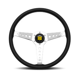 Momo California Steering Wheel (34 mm Dish), Black Leather, Chrome Spokes - 36 cm