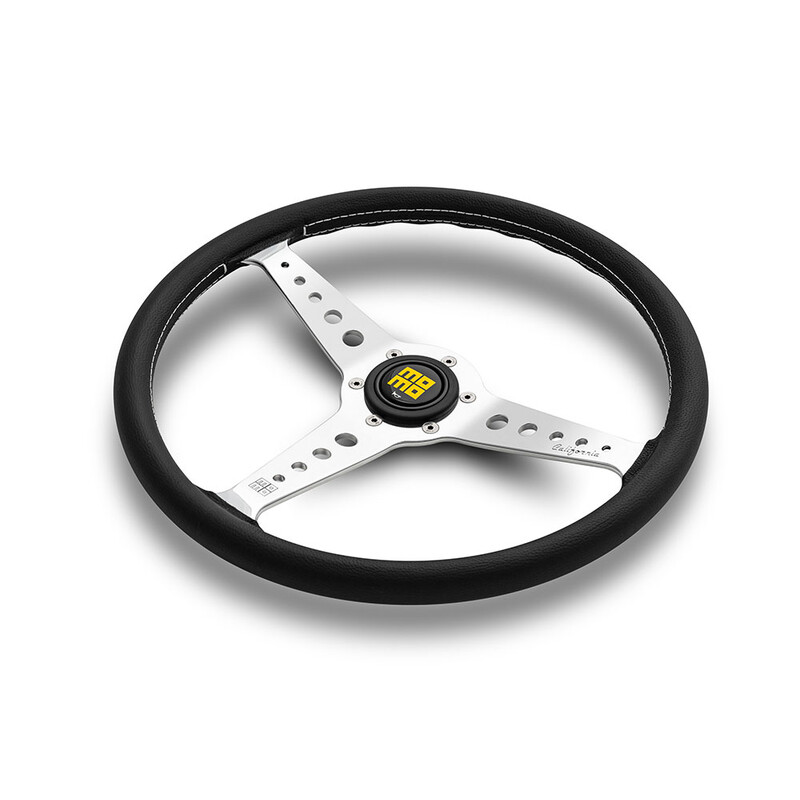 Momo California Steering Wheel (34 mm Dish), Black Leather, Chrome Spokes - 36 cm
