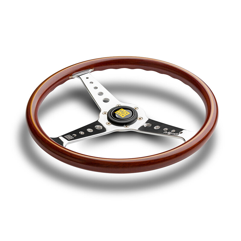Momo California Steering Wheel (34 mm Dish), Wood, Chrome Spokes - 36 cm