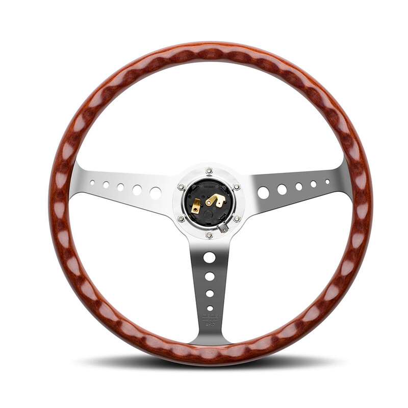 Momo California Steering Wheel (34 mm Dish), Wood, Chrome Spokes - 36 cm