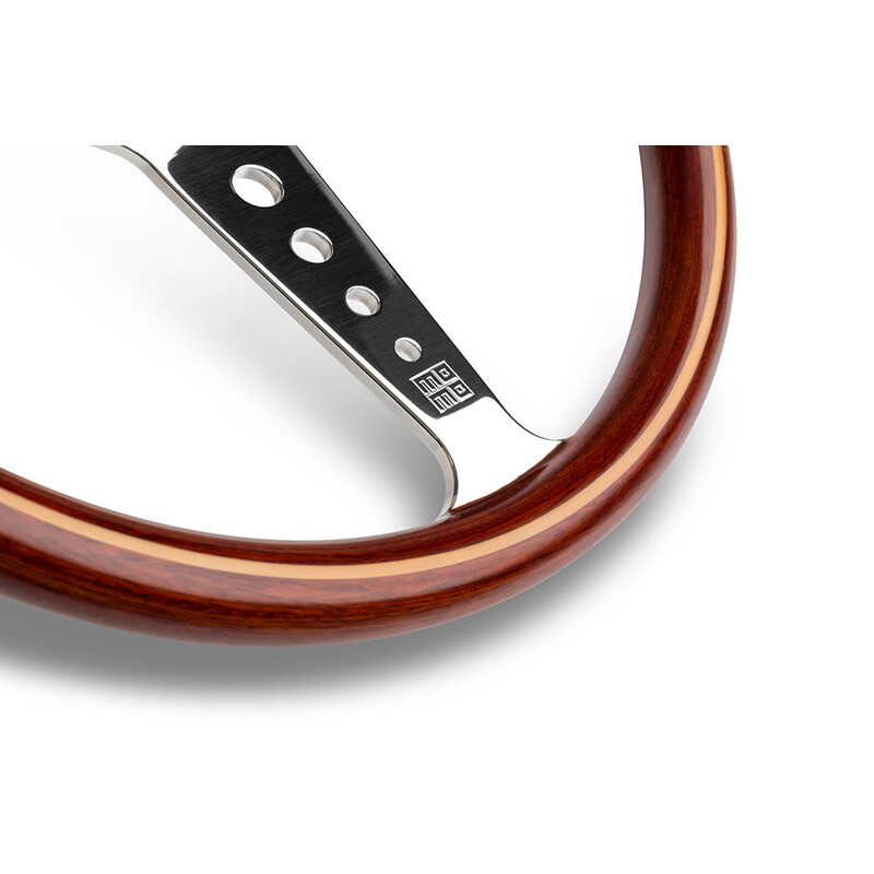 Momo California Steering Wheel (34 mm Dish), Wood, Chrome Spokes - 36 cm