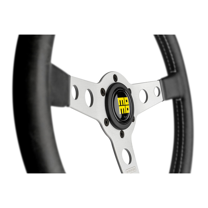 Momo Prototipo Heritage Steering Wheel (39 mm Dish), Black Leather, Aluminium Spokes - 35 cm