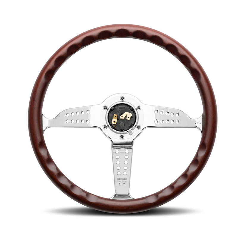 Momo Super Grand Prix Steering Wheel (37 mm Dish), Wood, Chrome Spokes - 35 cm