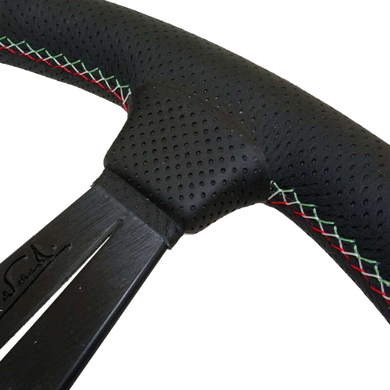 Nardi Deep Corn Steering Wheel, Black Perforated Leather, Black Spokes, Italia Stitching, 50 mm Dish, Ø33 cm