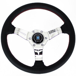 Nardi Deep Corn Steering Wheel, Black Perforated Leather, Chrome Spokes, Red Stitching, 50 mm Dish, Ø33 cm