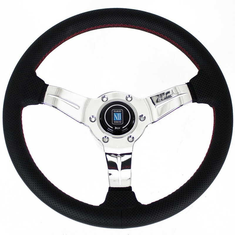 Nardi Deep Corn Steering Wheel, Black Perforated Leather, Chrome Spokes, Red Stitching, 50 mm Dish, Ø33 cm