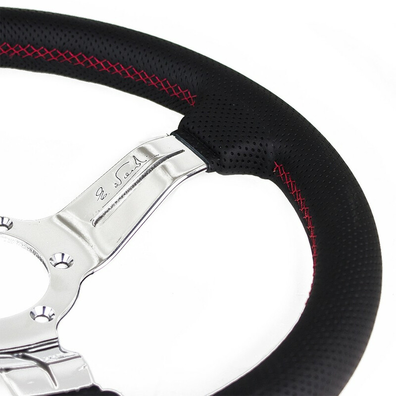 Nardi Deep Corn Steering Wheel, Black Perforated Leather, Chrome Spokes, Red Stitching, 50 mm Dish, Ø33 cm