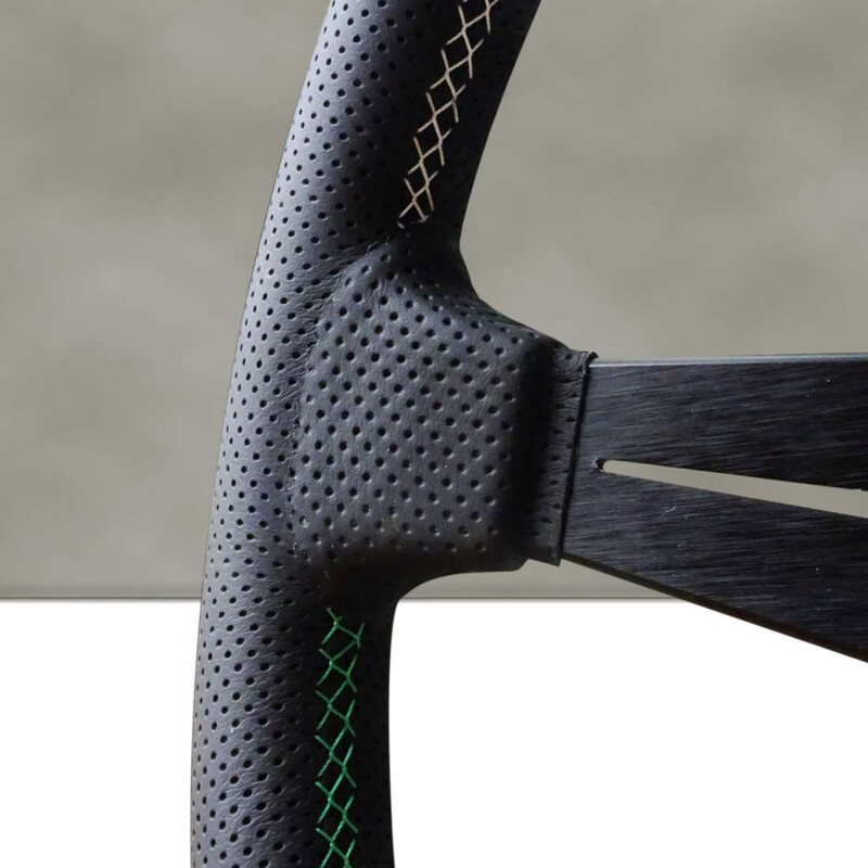 Nardi Deep Corn Steering Wheel, Black Perforated Leather, Black Spokes, 3-Sector Italia Stitching, 75 mm Dish, Ø35 cm