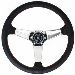 Nardi Deep Corn Steering Wheel, Black Perforated Leather, Chrome Spokes, Red Stitching, 75 mm Dish, Ø35 cm