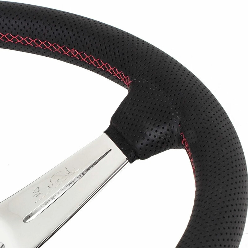 Nardi Deep Corn Steering Wheel, Black Perforated Leather, Chrome Spokes, Red Stitching, 75 mm Dish, Ø35 cm