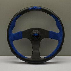 Personal Pole Position Steering Wheel - 350 mm - Black Leather & Blue Suede, Black Spokes, Blue Logo