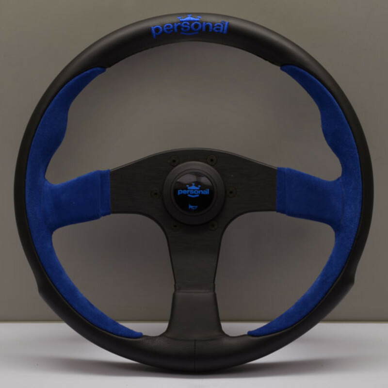 Personal Pole Position Steering Wheel - 330 mm - Black Leather & Blue Suede, Black Spokes, Blue Logo