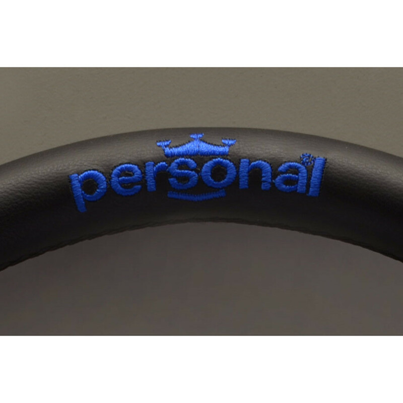 Personal Pole Position Steering Wheel - 330 mm - Black Leather & Blue Suede, Black Spokes, Blue Logo