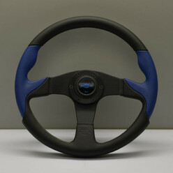 Personal Thunder Steering Wheel - 350 mm - Black Leather & Blue Perforated Leather, Black Spokes