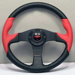 Personal Thunder Steering Wheel - 350 mm - Black Leather & Red Perforated Leather, Black Spokes