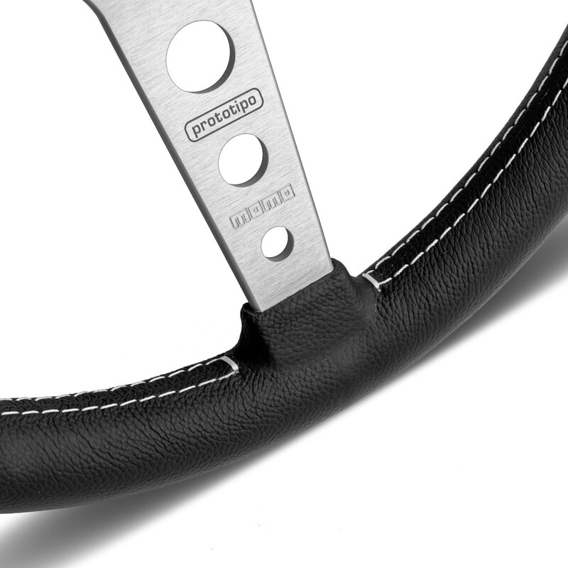 Momo Prototipo Steering Wheel (37 mm Dish), Black Leather, Aluminium Spokes - 37 cm