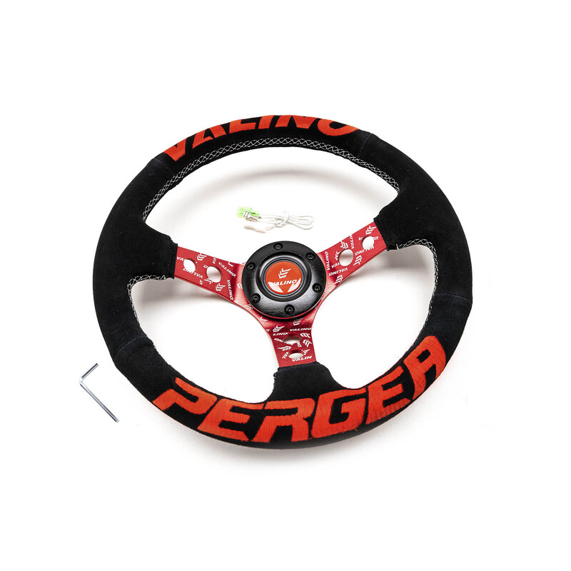 Valino Steering Wheel, Black Suede, Red Spokes, White Stitching
