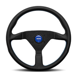 Momo Montecarlo Steering Wheel (40 mm Dish), Black Leather, Blue Stitching - 35 cm