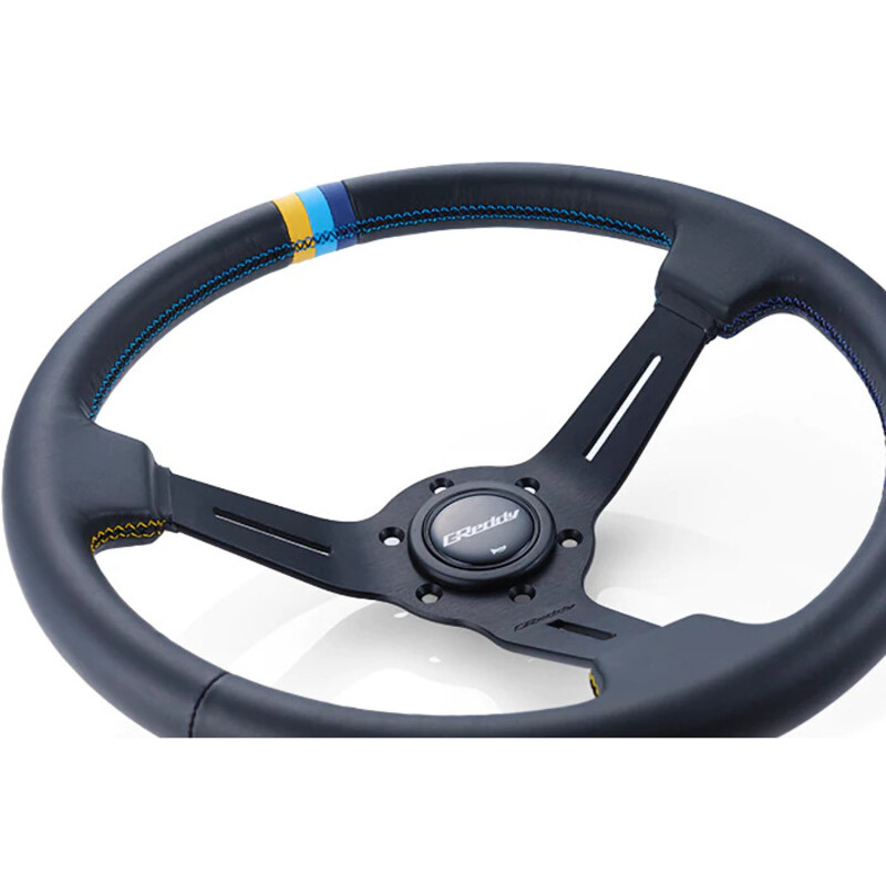 GReddy Sports "Deep Type" Steering Wheel (80 mm Dish), Black Leather, Black Spokes - 340 mm