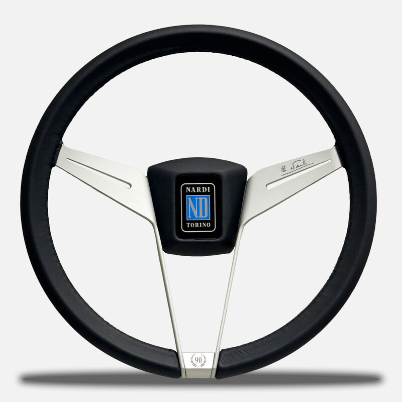 Nardi Novantesimo 90th Anniversary Steering Wheel, Black Leather, White Spokes, Ø35.5 cm, Black Center Pad