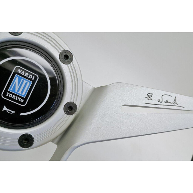 Nardi Novantesimo 90th Anniversary Steering Wheel, Black Leather, White Spokes, Ø35.5 cm, White Center Ring with Screws at Sight