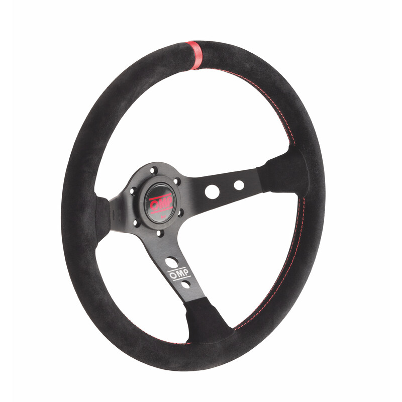 OMP Corsica Steering Wheel (95mm Dish), Black Suede, Black Spokes, Red Stitching