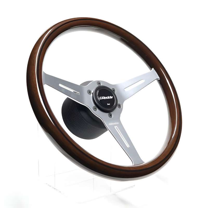 GReddy Sports "Wood Type" Steering Wheel (47 mm Dish), Dark Brown, Aluminium Spokes - 340 mm