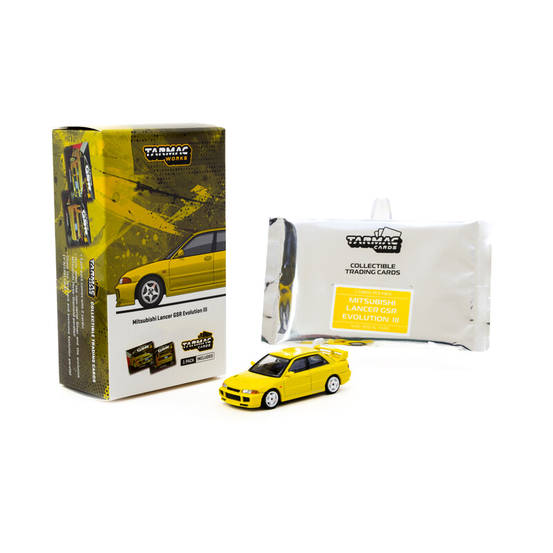 Tarmac Works 1/64 - Mitsubishi Lancer GSR Evolution III | Yellow + Trading Cards