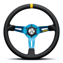 Momo Mod. 08 Steering Wheel (85 mm Dish), Black Leather, Blue Spokes - 33 cm
