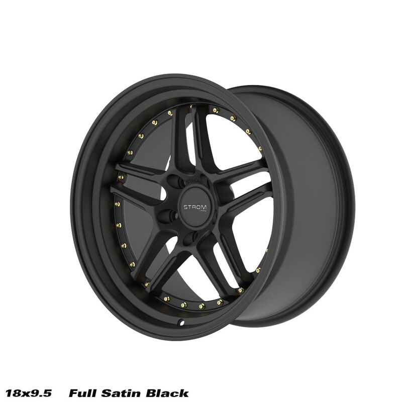 Ström DS-05 18x9.5" 5x114.3 ET15, Full Satin Black, Gold Rivets