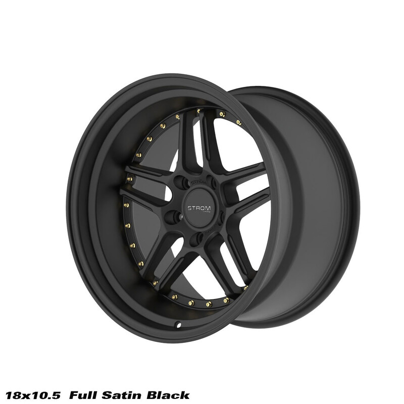 Ström DS-05 18x10.5" 5x114.3 ET10, Full Satin Black, Gold Rivets